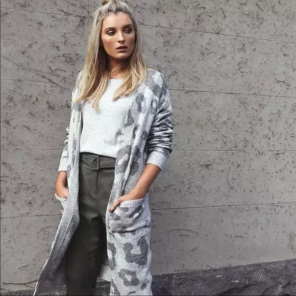 Leopard print long cardigan sweater pockets gray - Picture 2 of 7